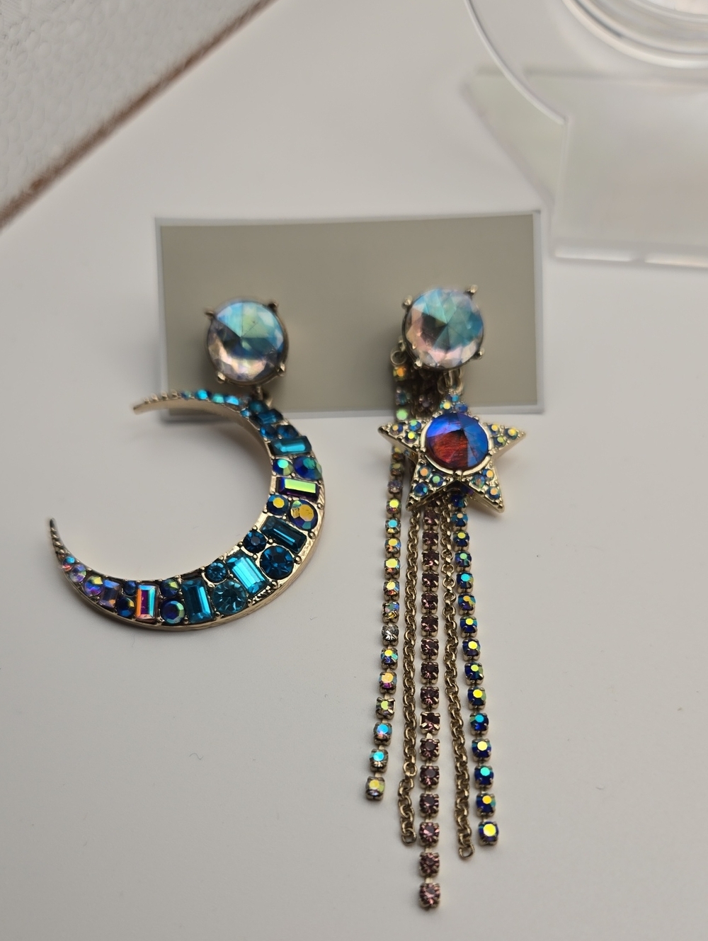 Betsey Johnson Iridescent Star & Crescent Moon Asymmetrical Earrings - Blue - Picture 1 of 11